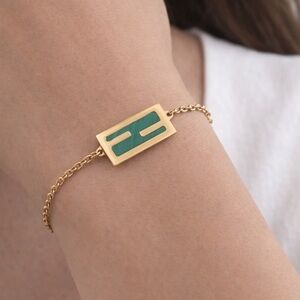 Fendi Vintage Adjustable Green Malachite Bracelet in Gold Tone